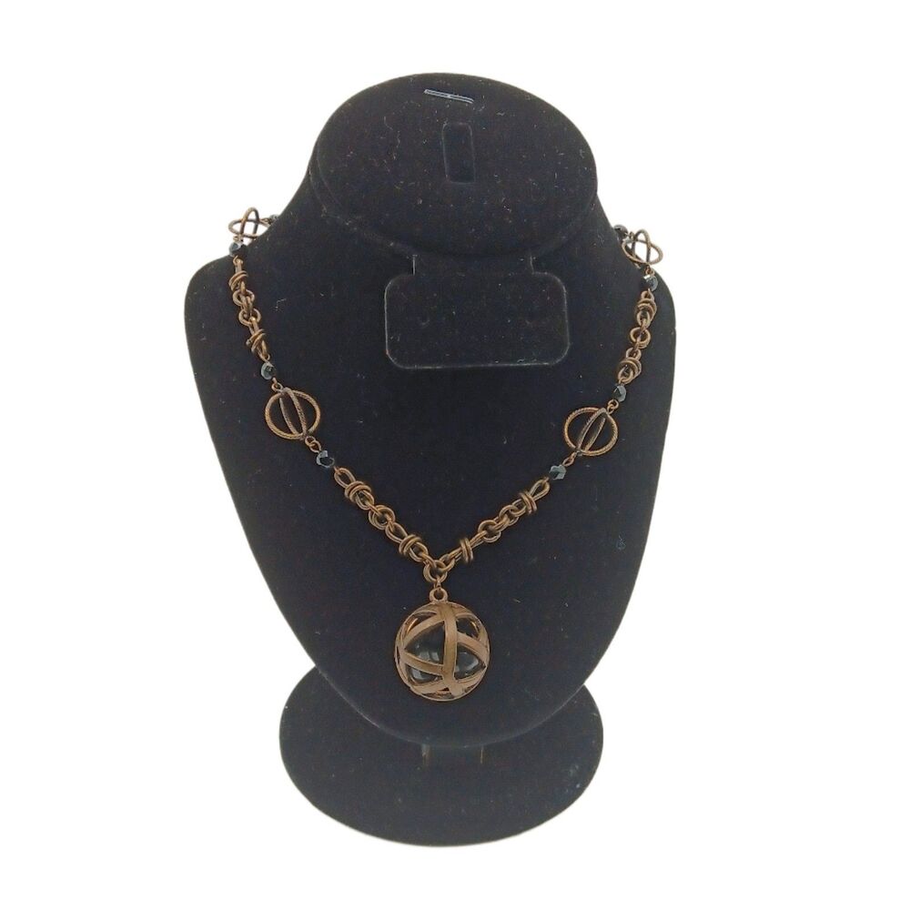Chico’s Soldered Brass Cage Sphere Pendant Necklace Faceted Black Bead Boho Chic